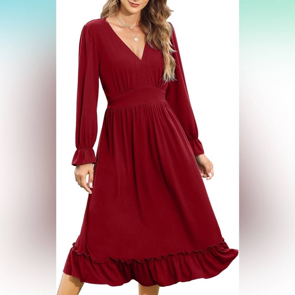 Women's Long Sleeve Midi Dress in Wine Red - Picture 2 of 12